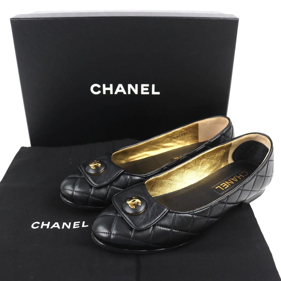 美品△CHANEL シャネル 23A G45047 バレリーナ ココマーク マトラッセ レザー フラットシューズ パンプス 黒 38 レディース 箱袋付きの画像