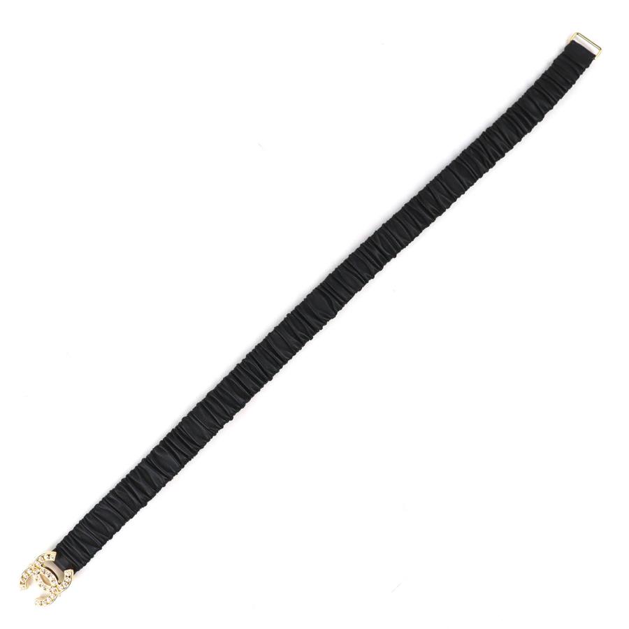 美品△CHANEL シャネル L23A ココマークラインストーンバックル レザー ゴム ベルト ブラック ゴールド金具 75/30 レディースの画像