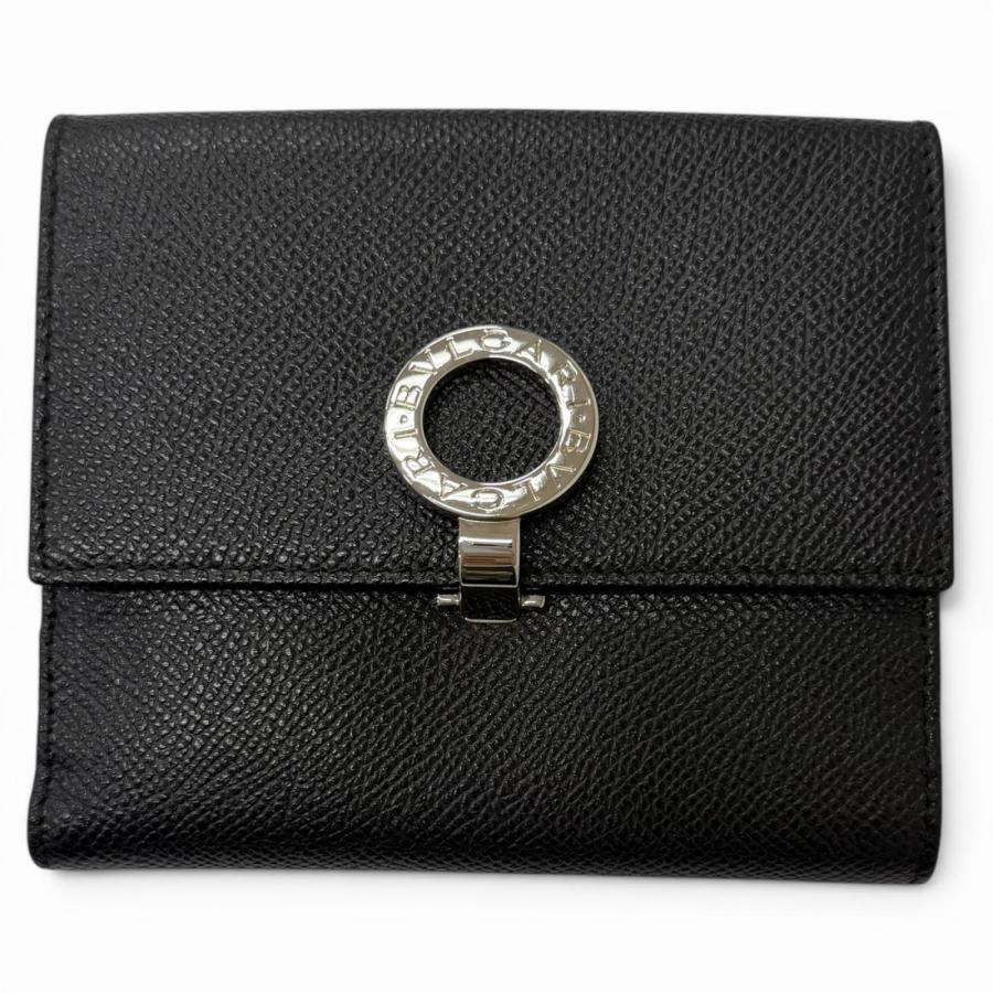 【美品】BVLGARI 二つ折財布　シルバーロゴクリップ　ブラック　レザー BVLGARI（ブルガリ） 美品□BVLGARI レザー ブルガリブルガリ ロゴ