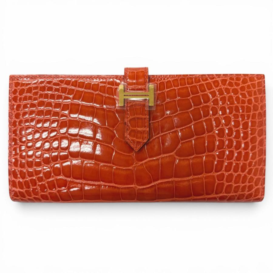 未使用品□HERMES エルメス ベアン スフレ アリゲーター Hロゴ ゴールド金具 長財布 オレンジポピー X刻印入り フランス製 メンズ 箱付き HERMES（エルメス） 未使用品□HERMES ベアン スフレ アリゲーター H
