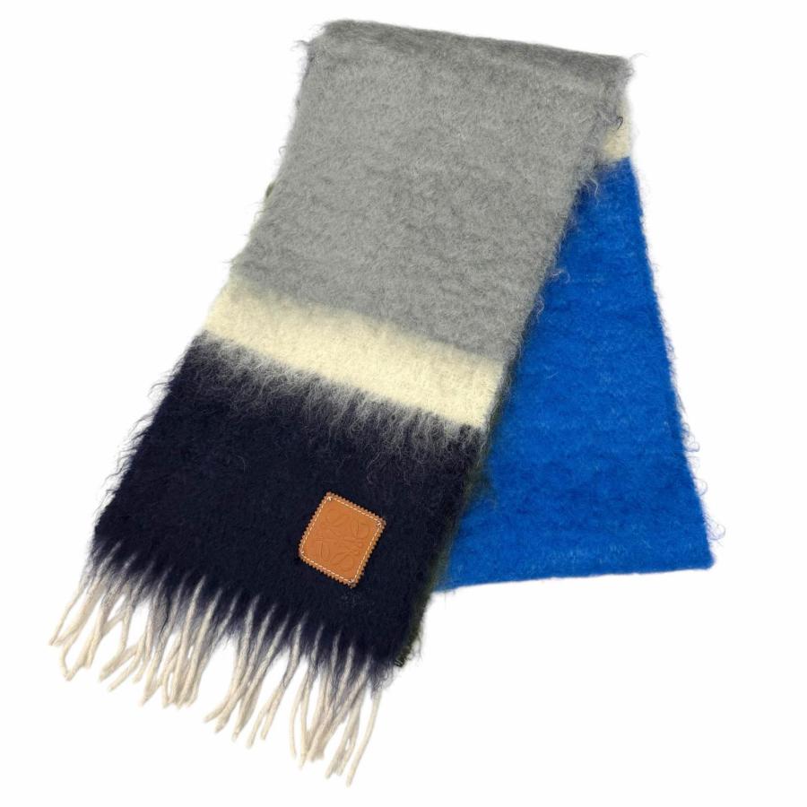 極美品★LOEWE ロエベ 28003861 モヘア ウール混 アナグラムレザーパッチ付 フリンジ マフラー アイボリー スペイン製 正規品 レディース LOEWE（ロエベ） 極美品☆LOEWE 28003861 モヘア ウール混 レザー