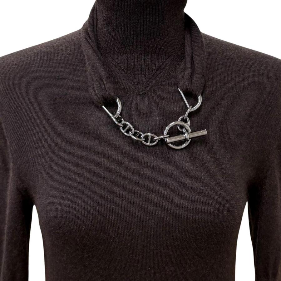 美品★HERMES エルメス カシミヤ シルク混 シェーヌダンクルチェーン付 Aライン ニット ロングワンピース ドレス ブラウン 38 イタリア製の画像
