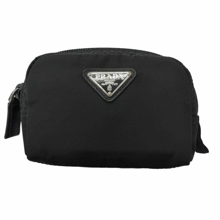 美品□PRADA プラダ 1ND339 マイクロ Re-Nylon トライアングルロゴ 三角プレート シルバー金具 ポーチ 小銭入れ 現行品 ブラック メンズ PRADA（プラダ） 美品□PRADA 1ND339 マイクロ Re-Nylon