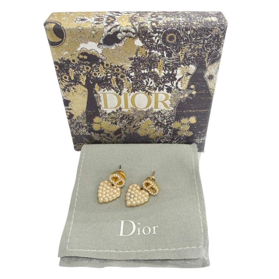 美品△DIOR ディオール フェイクパール CDロゴ ハートモチーフ ピアス