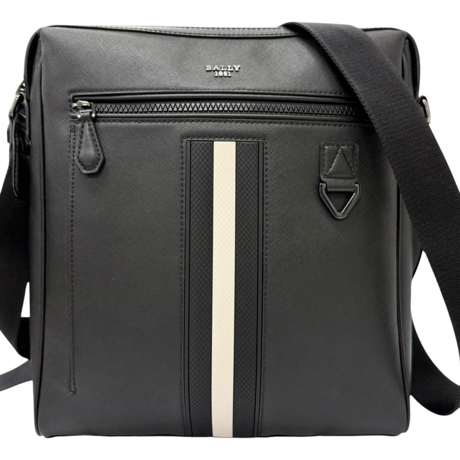 極美品□BALLY バリー MECOY メコイ バリーストライプ ボヴィンレザー ロゴ入り クロスボディバッグ ショルダーバッグ ブラック メンズ Bally（バリー） 極美品□BALLY MECOY メコイ バリーストライプ