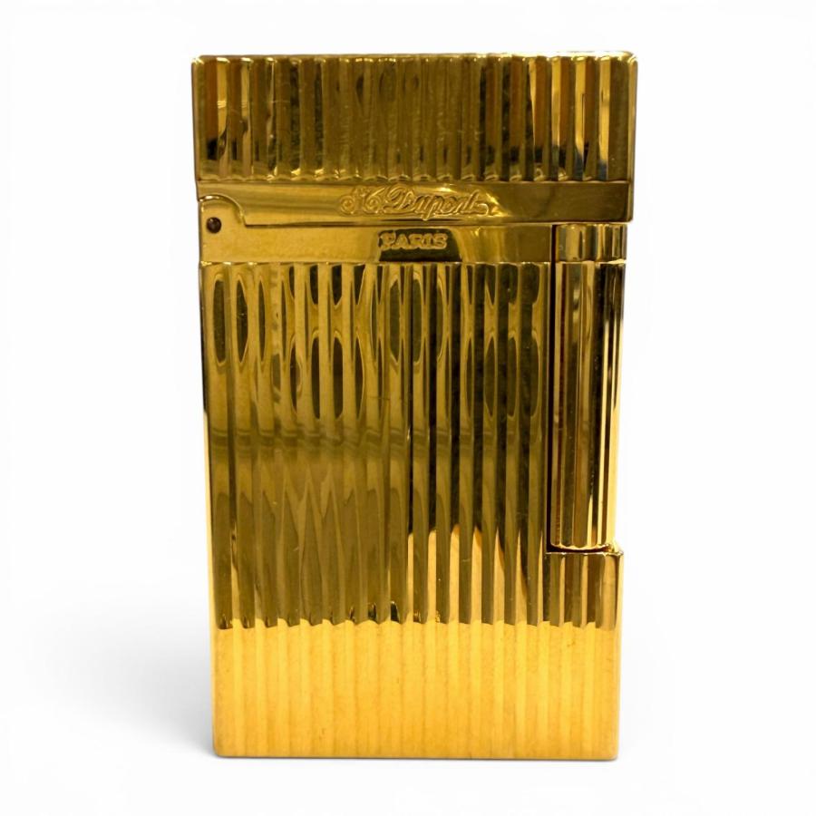 美品◇Dupont デュポン ライン2 ストライプ柄 スクエア ローラー式 ガスライター GP ゴールド フランス製 メンズ 着火確認済み ケース付 美品◇Dupont デュポン ライン2 ストライプ柄 スクエア ローラー式