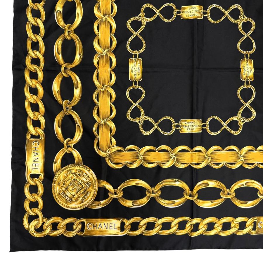 CHANEL ヴィンテージシルクスカーフ　ゴールドチェーン【中古】 CHANEL（シャネル） 極美品☆CHANEL ヴィンテージ シルク100％ ロゴ