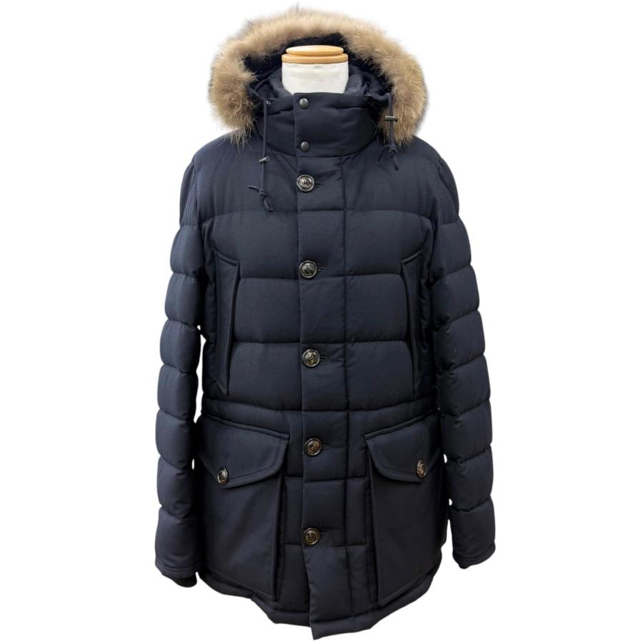 美品▼MONCLER モンクレール RETHEL ウール100% フーデッド・ファー付き ダブルジップアップ ダウンジャケット ネイビー 4 メンズ MONCLER（モンクレール） 美品▽MONCLER RETHEL ウール100% フーデッド