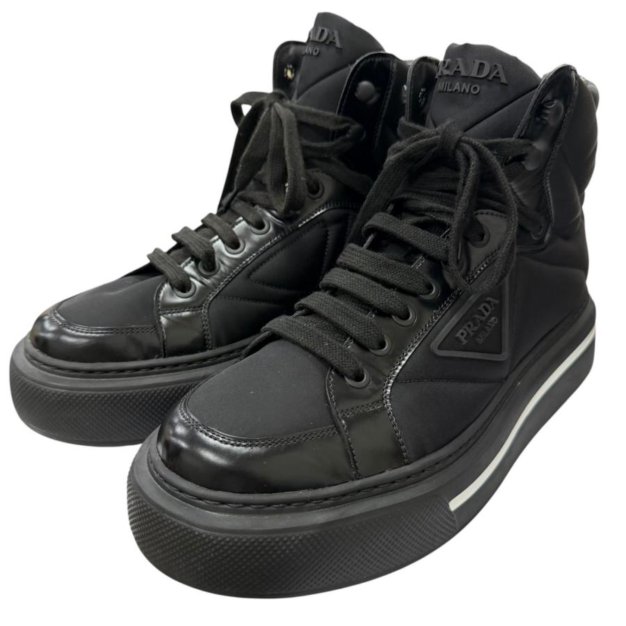 美品□PRADA プラダ 2TG183 レザー使い トライアングルロゴ Re-Nylon ハイカットスニーカー ブラック 8 イタリア製 メンズ 保存袋付き PRADA（プラダ） 美品□PRADA 2TG183 レザー使い トライアングルロゴ