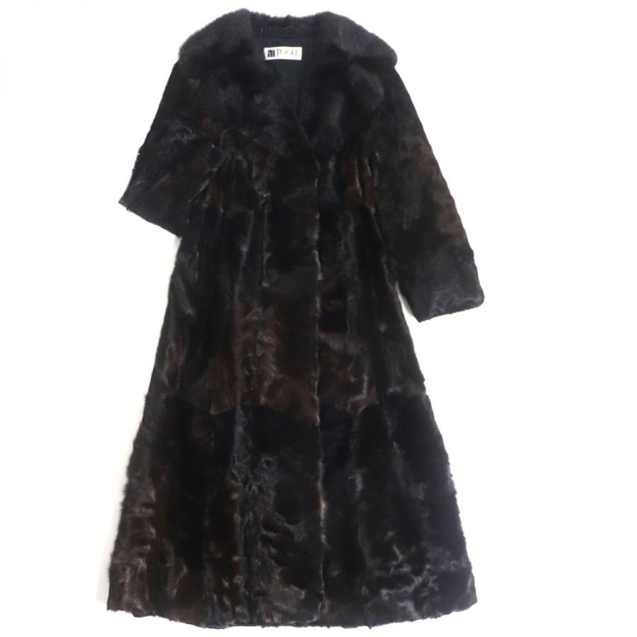 美品▽TOGU MINK 襟ミンク×ラムファー 本毛皮超ロングコート ダーク 