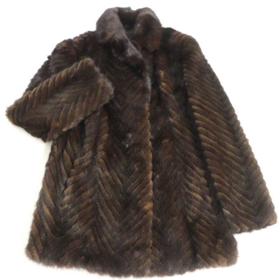 ヘリンボーンコート（ブラウン） 美品☆MINK ミンク ヘリンボーン デザイン 本毛皮コート ブラウン 6号