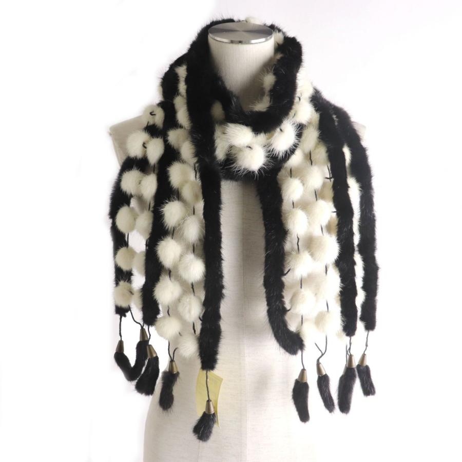未使用品☆MINK ミンク 房付き 軽量 本毛皮ショール ブラック×ホワイト 