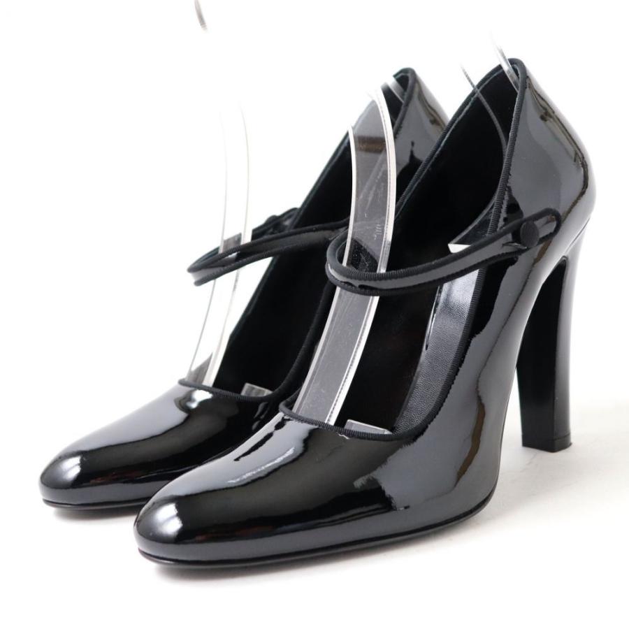 CELINE ブラック パテントレザー パンプス 極美品◇美脚効果◎ CELINE セリーヌ ストラップ付 エナメル