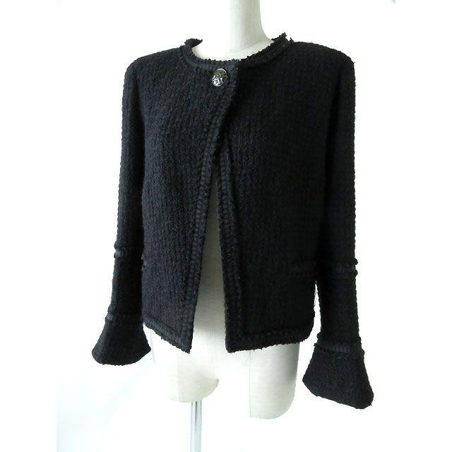 美品 正規品 Chanel シャネル P36764 ココマークボタン付 裏地シルク100 ノーカラー ツイードジャケット ブラック 黒 レディース 42 Www Mohmmadiyon Com
