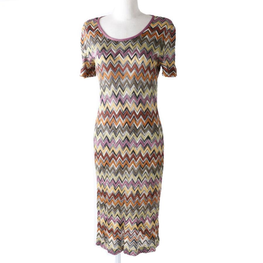即納 新品 美品 イタリア製 Missoni ミッソーニ レディース レーヨン100 透かし編み 半袖 ニットロングワンピース マルチ シェブロン柄 42 クラシックな人気商品 Shirleyryan Ca