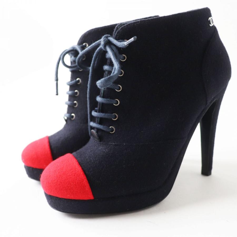 【ドンドン見直し】極美品◎CHANEL シャネル G30404 レディース ココマーク付 レースアップ ウール素材 ブーティ 紺×赤 35 1／2 CHANEL（シャネル） 【ドンドン見直し】極美品◎CHANEL G30404