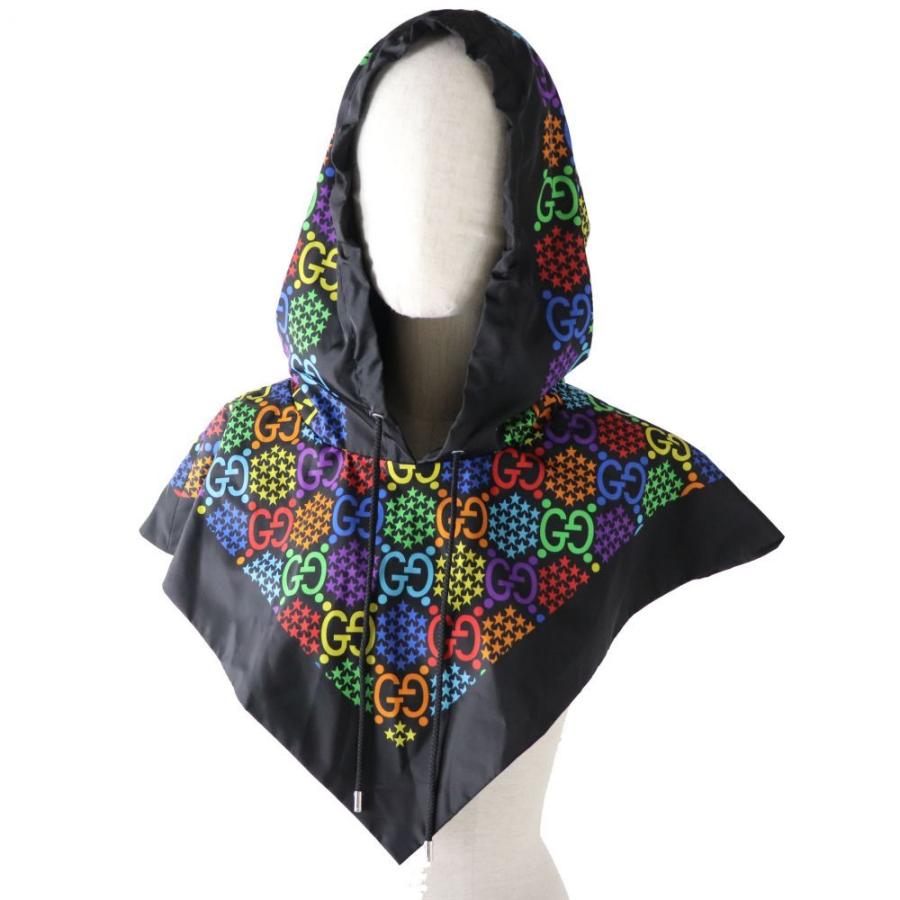 定番の冬ギフト 6027 グッチ 未使用品 Gucci レディース 箱 保管袋付 M 黒 マルチ フード レインフードポンチョ ドローストリング サイケデリック コート アウター