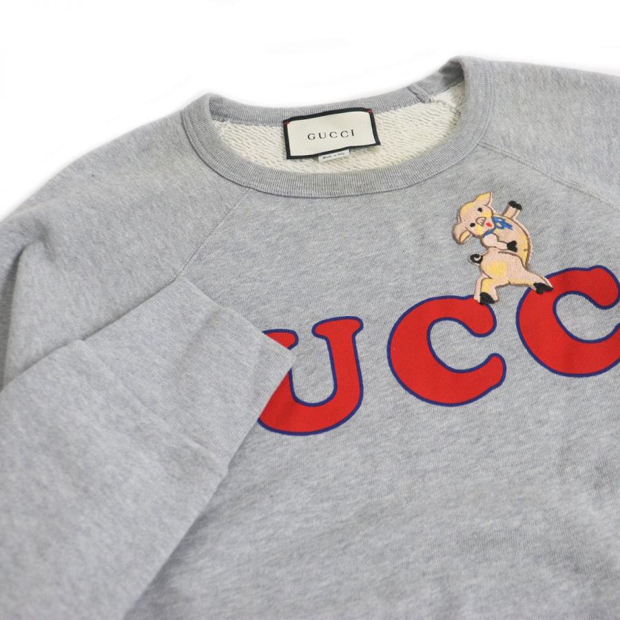 美品□GUCCI/グッチ 497253 ロゴプリント アニマルワッペン Pig クルーネック 長袖 スウェットシャツ/トレーナー グレー S 伊製  正規品