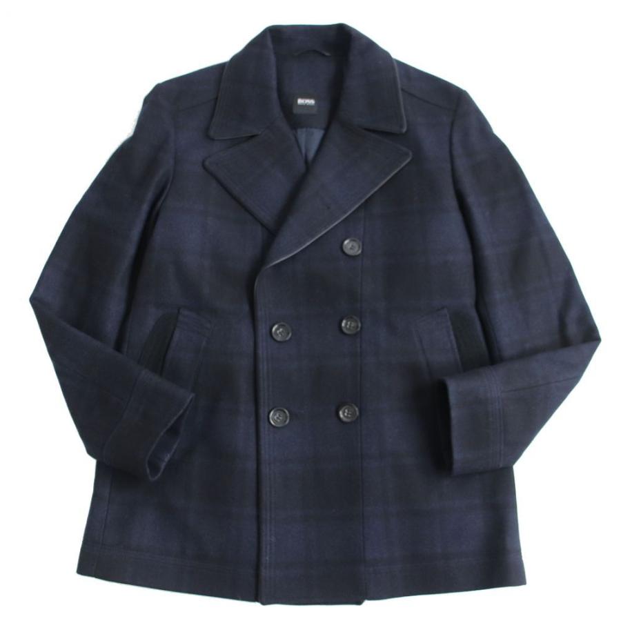 極美品 Hugo Boss ヒューゴボス ロゴボタン チェック柄 Pコート 54 オススメ 正規品 お買得 ネイビー ウールコート