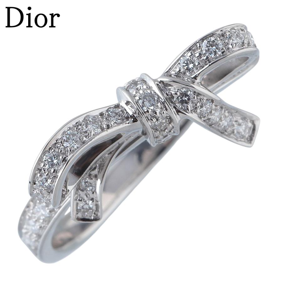 【美品】Christian Dior ディオール　リボン　リング クリスチャンディオール ロゴチャームリボンリング・指輪/合金/メッキ
