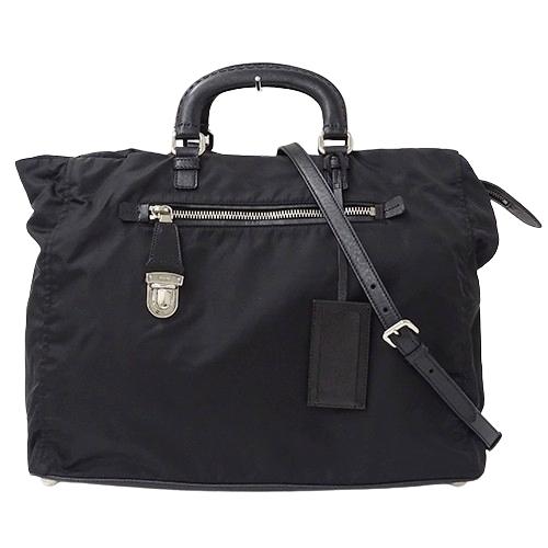 値下げ　PRADA プラダ ボストンバッグ 黒　2way ナイロン　レザー 三角プレート 2WAY ボストンバッグ ナイロン サフィアーノレザー