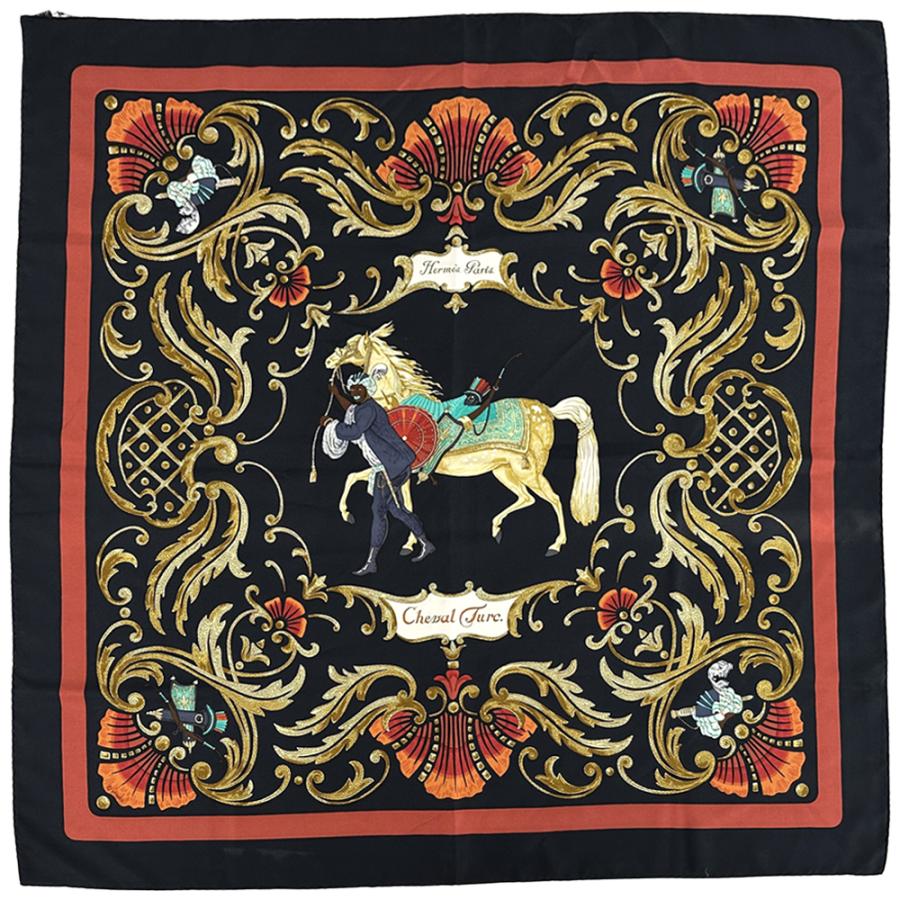 2504-95｜美品｜エルメス カレ 90 スカーフ ブラック マルチカラー HERMES（エルメス） スカーフ カレ90 Cheval Turc トルコの馬