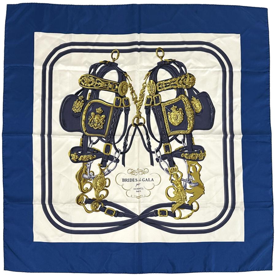 エルメス カレ90 式典の馬具 スカーフ シルク ブルー ゴールド HERMES（エルメス） スカーフ カレ90 BRIDES de GALA 式典用馬勒