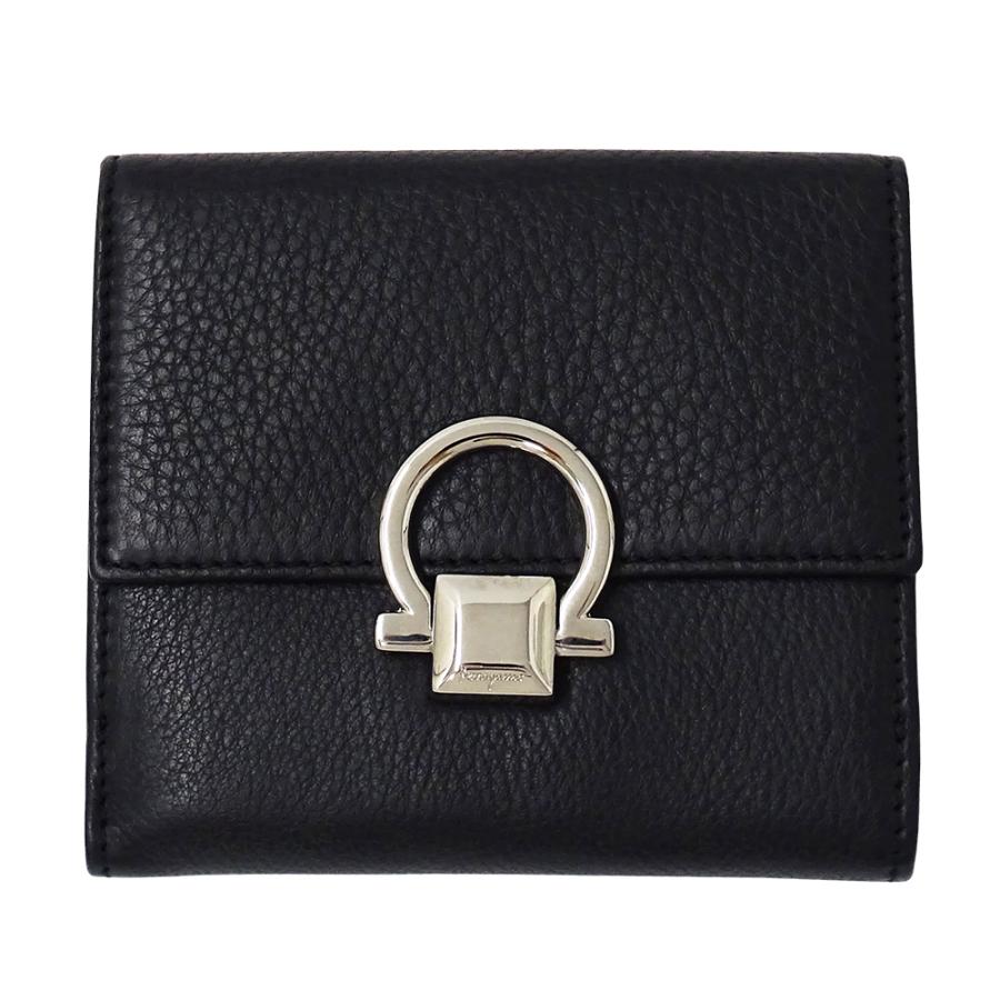 【極美品】 Ferragamo レザー 二つ折り財布 ガンチーニ ブラック 黒 FERRAGAMO（フェラガモ） 財布 レディース メンズ ブランド ガンチーニ