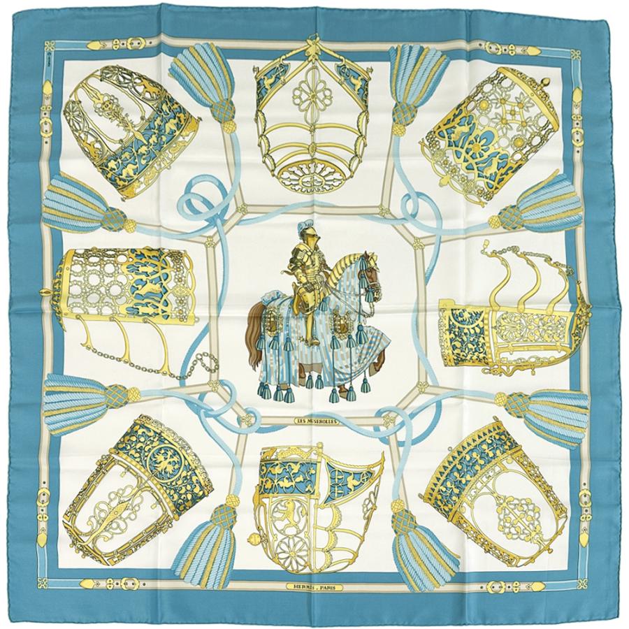 HERMES エルメス LES MUSEROLLES 鼻革 カレ90 ブルー系 HERMES（エルメス） スカーフ カレ90 LES MUSEROLLES 鼻革 レディース