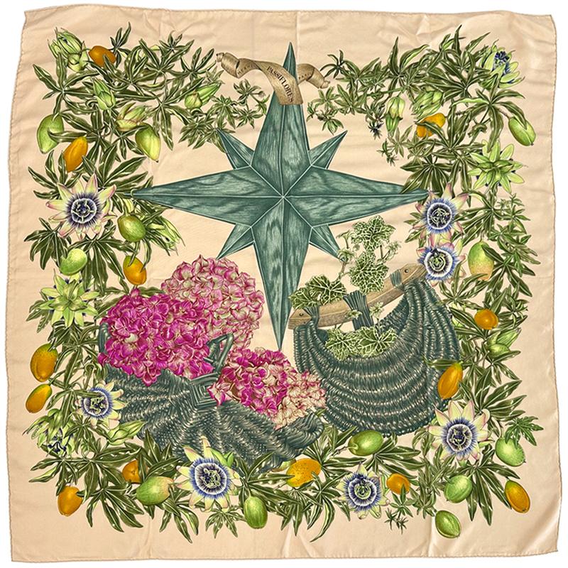 ☘️美品☘️ HERMES　パッションフラワー　カレ90 ベージュ HERMES（エルメス） スカーフ カレ90 PASSIFLORES パッションフラワー