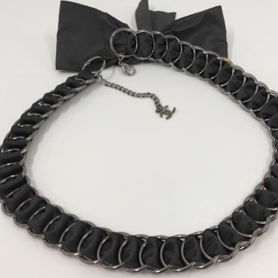 CHANEL　チェーンベルト　ビッグリボン　ブラック×ガンメタ　ナイロン　05A CHANEL（シャネル） チェーンベルト ビッグリボン ココマーク ブラック