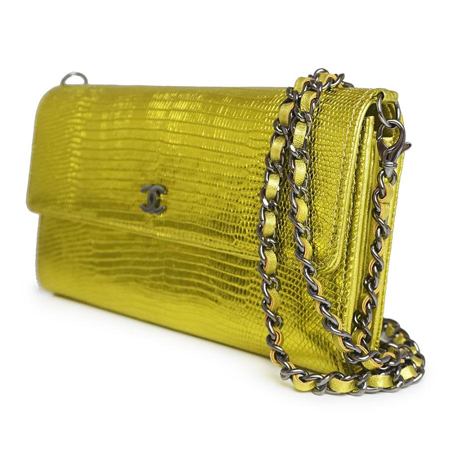 （未使用　展示品）シャネル CHANEL チェーンウォレット 二つ折り長財布 斜め掛け リザード型押しレザー イエロー ゴールド 黄色 A80418 箱付_4