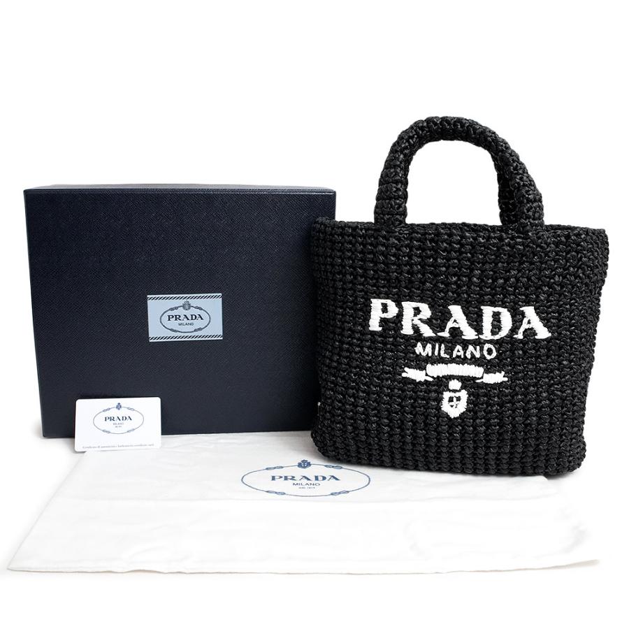 （新品・未使用品）プラダ PRADA スモール クロシェ トート ハンドバッグ トライアングルロゴ ラフィア ブラック ホワイト 黒 白 シルバー金具 1BG422 箱付｜brandbrand｜02