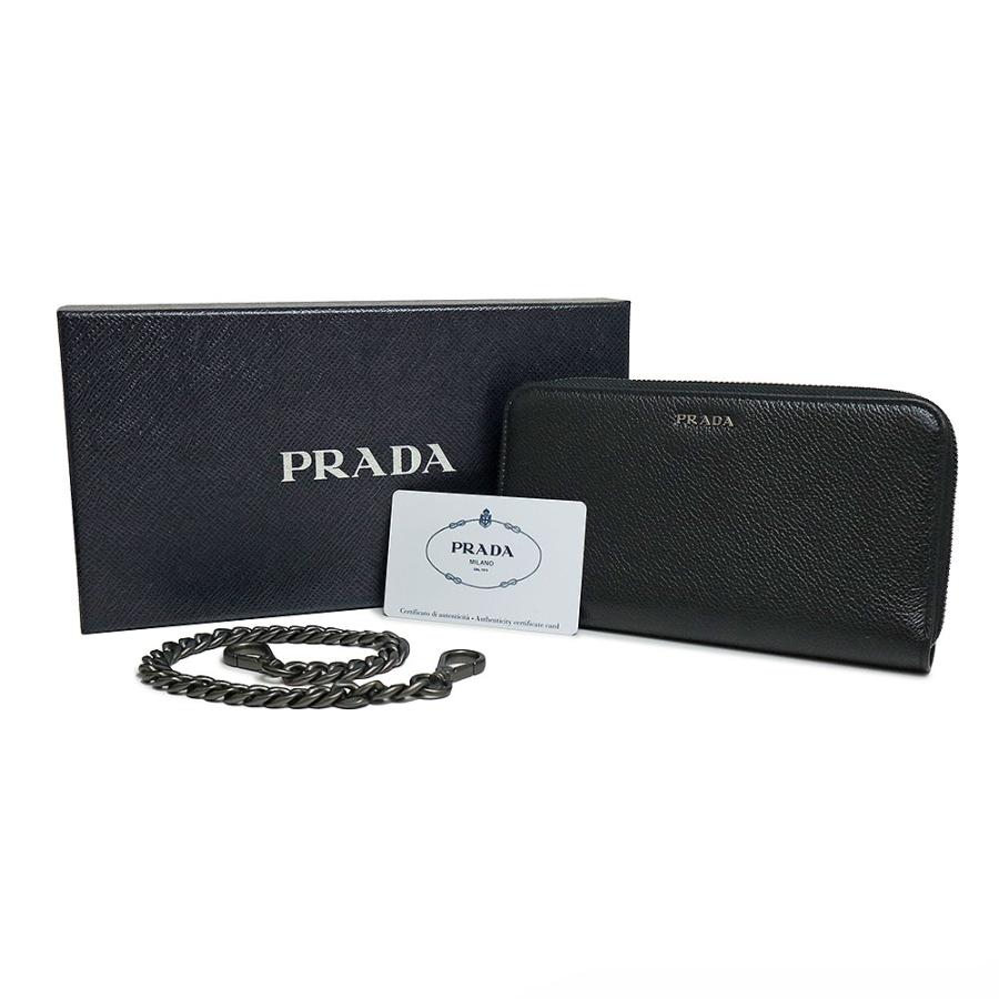 （新品・未使用品）プラダ PRADA チェーンストラップ付き ラウンドファスナー 長財布 ヴィテッロ マイクロ グレイン カーフレザー ブラック グレー 黒 2ML019｜brandbrand｜02