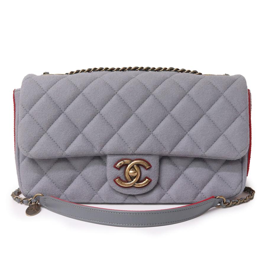 （未使用保管品）シャネル CHANEL メダリオン マトラッセ シングル フラップ Wチェーン 2WAY 斜め掛け ショルダーバッグ フェルト ラムスキン レザー グレー レッド 赤 ヴィンテージゴールド金具 A92968 CHANEL（シャネル） （未使用保管品）シャネル メダリオン シングル