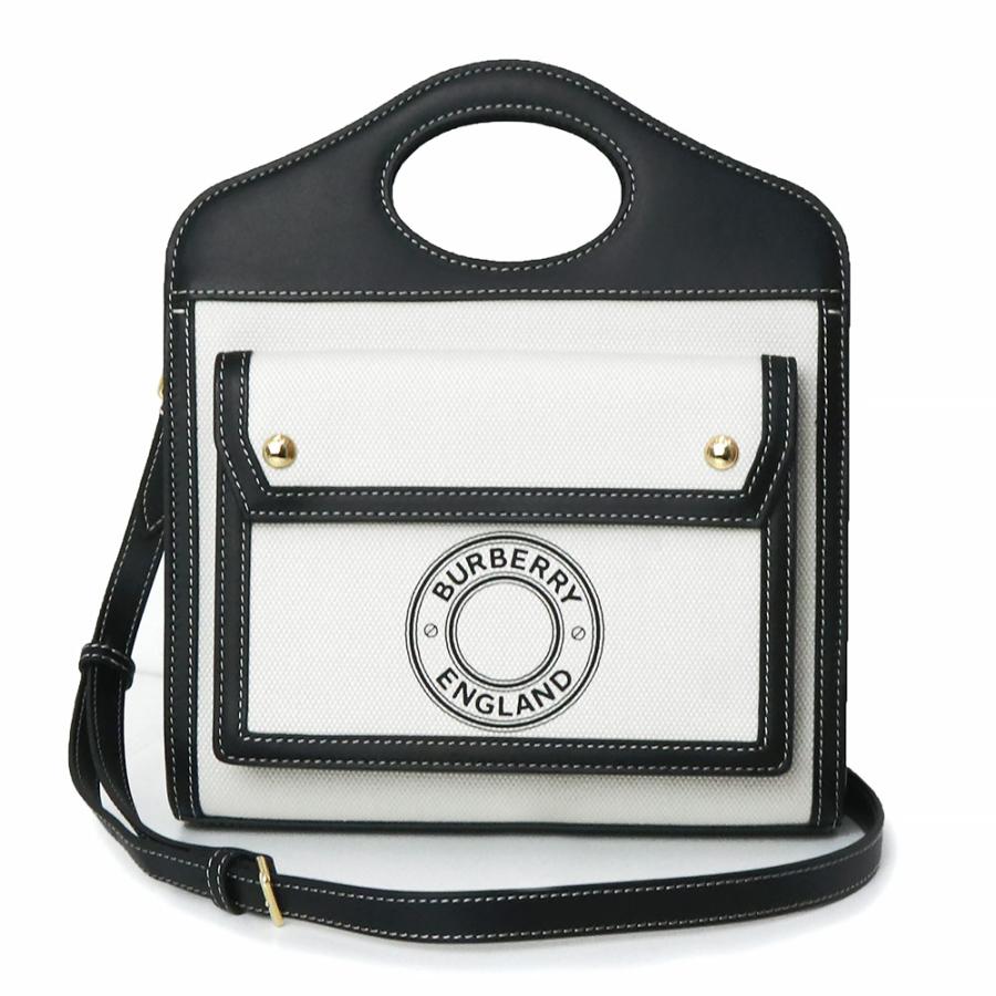 （新品・未使用品）バーバリー BURBERRY ミニ ロゴグラフィック ポケット 2way ショルダー ハンドバッグ 斜め掛け コットンキャンバス カーフスキン レザー ブラック ナチュラル 白 黒 ゴールド金具 80280581 BURBERRY（バーバリー） （新品・未使用品）バーバリー ミニ ロゴ