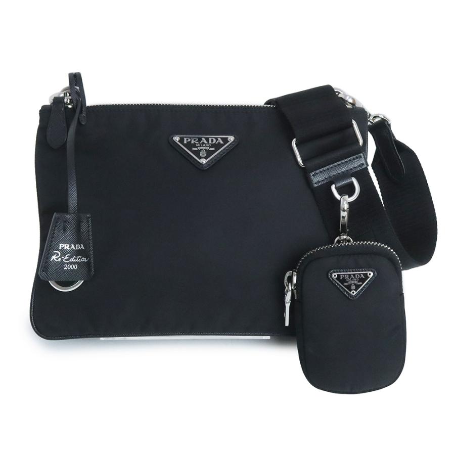 （中古）プラダ PRADA 三角ロゴプレート ショルダーバッグ 斜め掛け Re Edition 2000 Re nylon テスート ナイロン サフィアーノ レザー ブラック ネロ 黒 シルバー金具 1BH046 PRADA（プラダ） （中古）プラダ 三角ロゴプレート ショルダーバッグ