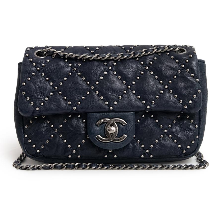 （美品）シャネル CHANEL ミニ マトラッセ 20 スタッズ 2Way Wチェーン ショルダーバッグ 斜め掛け ラムスキン レザー ネイビー 紺 アンティークシルバー金具 CHANEL（シャネル） （美品）シャネル ミニ マトラッセ 20 スタッズ