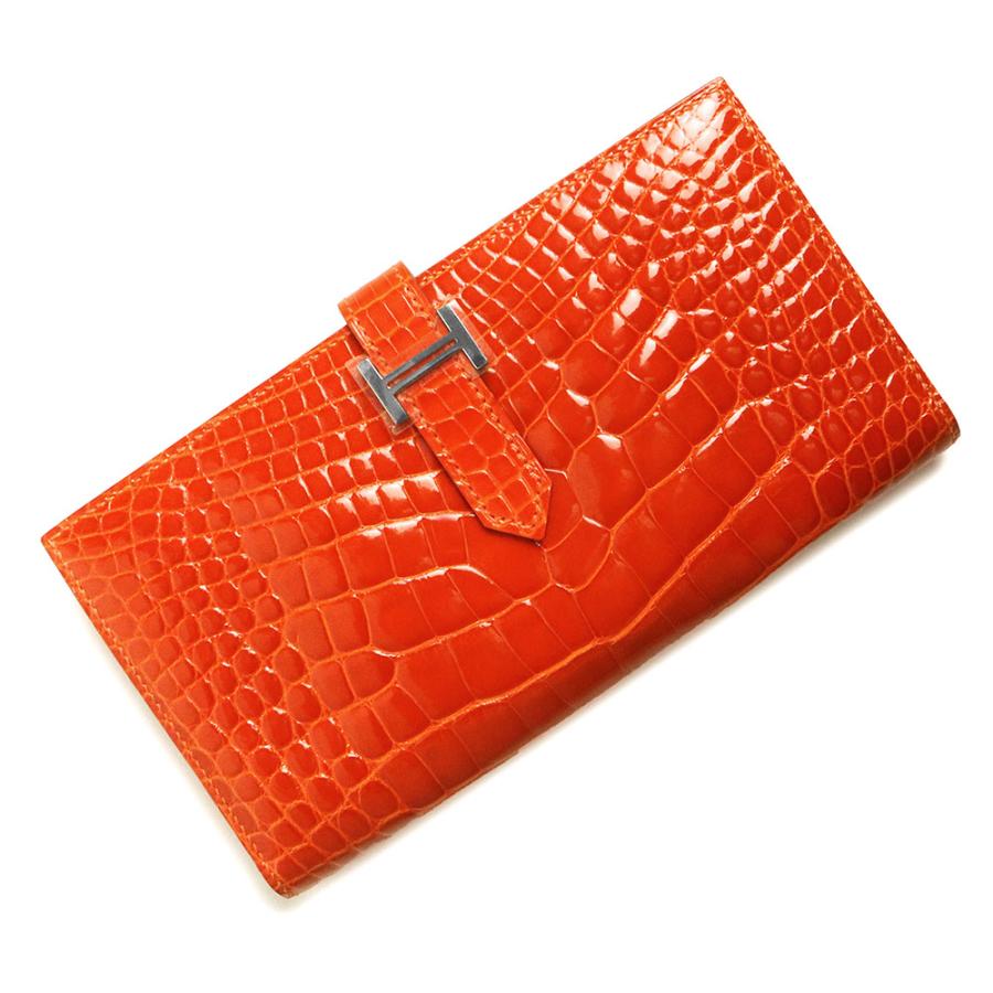 （未使用保管品）エルメス HERMES ベアン スフレ 二つ折り長財布 クロコダイル アリゲーター エキゾチックレザー オレンジポピー シルバー金具 □R刻 HERMES（エルメス） （未使用保管品）エルメス ベアン スフレ 二つ折り