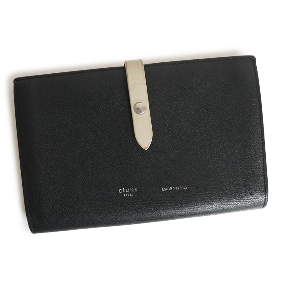 （中古）セリーヌ CELINE ラージ ストラップウォレット 二つ折り長財布 グレインカーフレザー ブラック ベージュ 黒 シルバー金具 10B633BFP CELINE（セリーヌ） （中古）セリーヌ ラージ ストラップウォレット 二