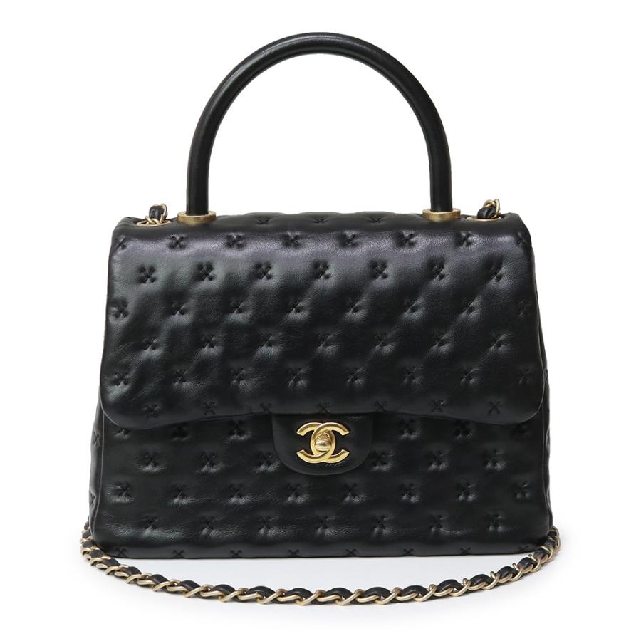 （美品）シャネル CHANEL マトラッセ トップハンドル クロスステッチ 2WAY チェーン ショルダー ハンドバッグ 斜め掛け ラムスキンレザー ブラック 黒 アンティークゴールド金具 A98725 CHANEL（シャネル） （美品）シャネル マトラッセ トップハンドル