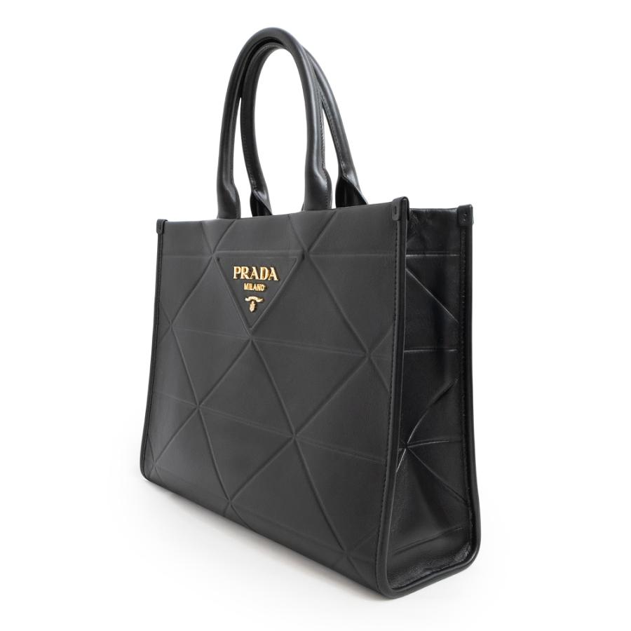 （美品）プラダ PRADA シンボル トップ ステッチ トート ミディアム ハンドバッグ ソフトカーフ レザー ネロ ブラック 黒 ゴールド金具 1BA378