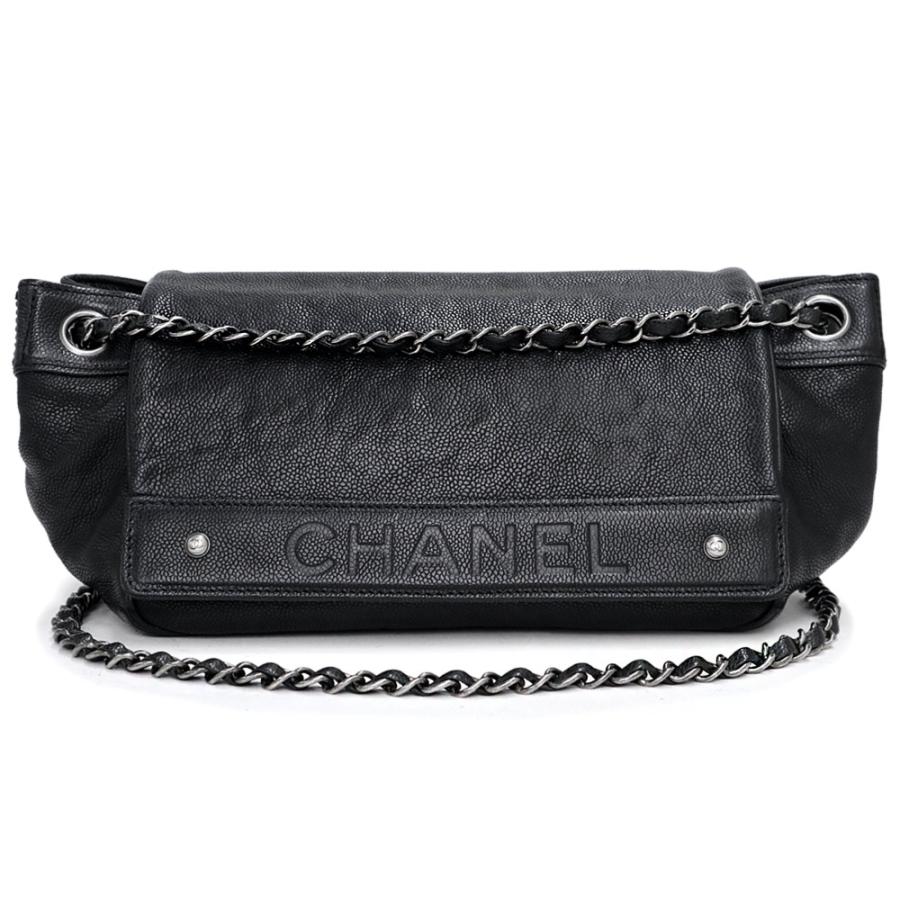 （中古）シャネル CHANEL ロゴ フラップ チェーン ショルダー ハンドバッグ 2way キャビアスキン レザー ブラック 黒 アンティークシルバー金具 CHANEL（シャネル） （中古）シャネル ロゴ フラップ チェーン