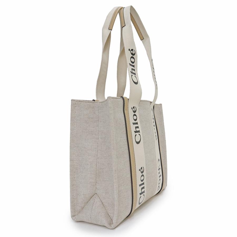 Chloe （美品）クロエ ウッディ ミディアム ロゴ トートバッグ リネン 