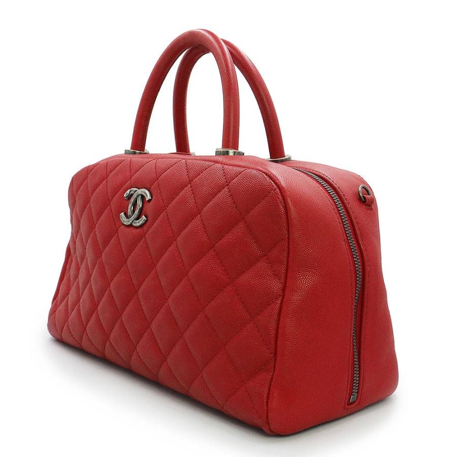 （中古）シャネル CHANEL マトラッセ 2WAY チェーン ボーリング ショルダー ハンドバッグ 斜め掛け キャビアスキン レザー レッド 赤 アンティークシルバー金具_4