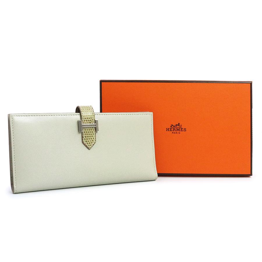 （未使用 展示品）エルメス HERMES ベアン スフレ タッチ 二つ折り財布 タデラクト リザード エキゾチックレザー グリペルル パールグレー フィセル X刻印の画像