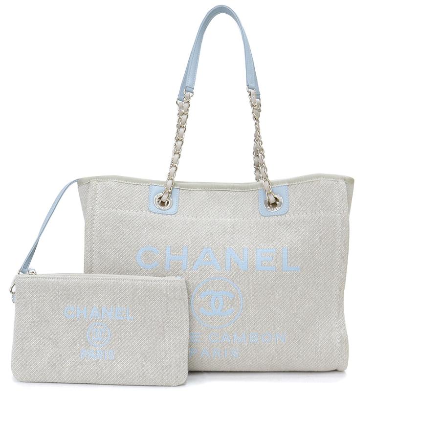（未使用　展示品）シャネル CHANEL ココマーク チェーン ドーヴィル MM トートバッグ キャンバス レザー ベージュ ライトブルー ライトゴールド金具 A67001 箱付 CHANEL（シャネル） （未使用 展示品）シャネル ココマーク チェーン
