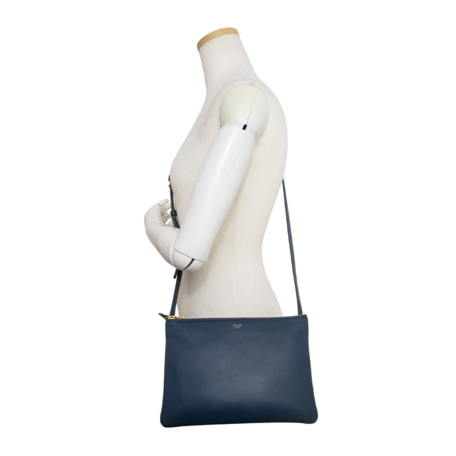 CELINE ネイビー レザー ショルダーバッグ トリオ ラージ セリーヌ