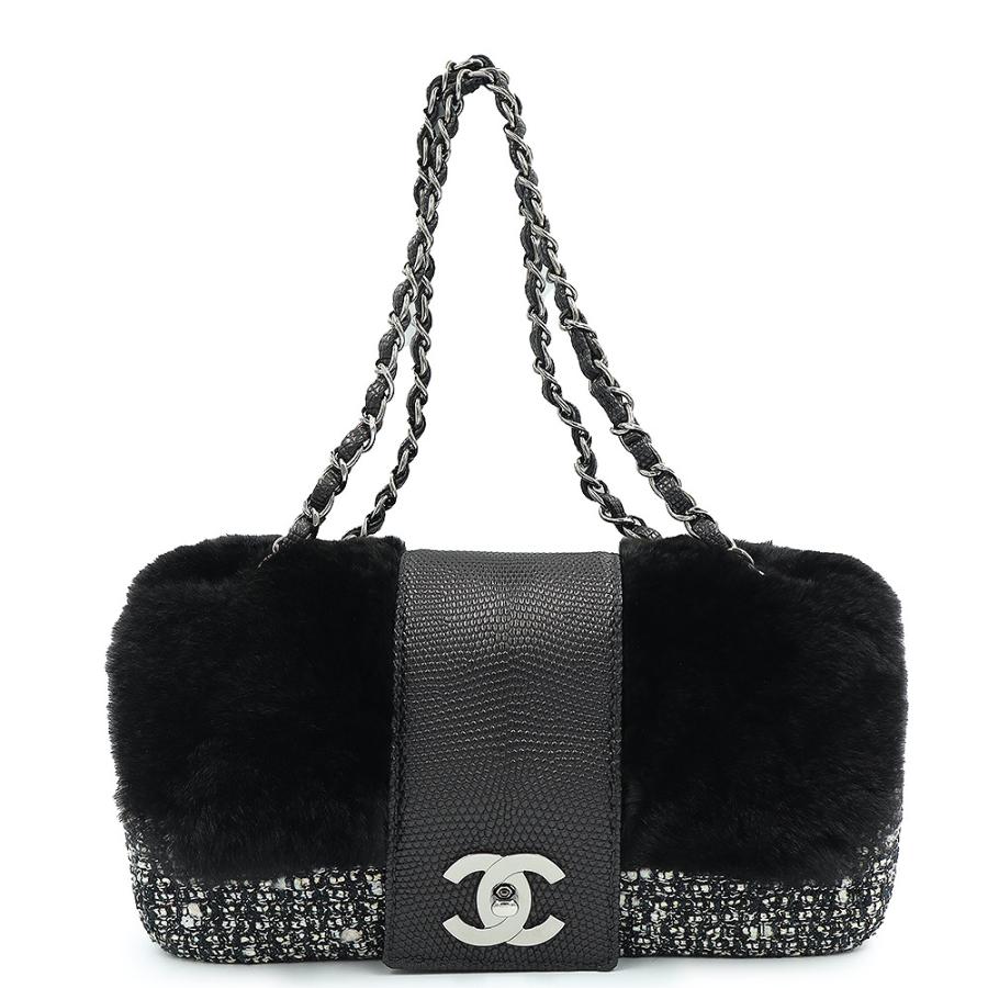 （美品）シャネル CHANEL ココマーク チェーン 2way フラップ ショルダー ハンドバッグ ツイード ファー リザード エキゾチックレザー ブラック シルバー金具 CHANEL（シャネル） （美品）シャネル ココマーク チェーン 2way