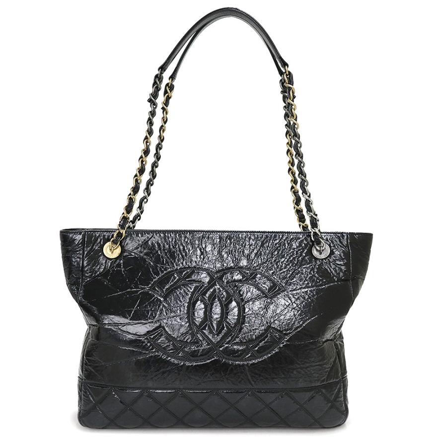 （美品）シャネル CHANEL ココマーク マトラッセ チェーン ショッピング トートバッグ シャイニーエイジドカーフスキン レザー ブラック アンティーク ゴールド シルバー金具 AS1875 CHANEL（シャネル） （美品）シャネル ココマーク マトラッセ チェーン